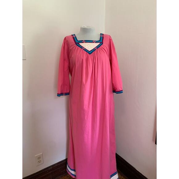 VTG 60 70 Maxi Dress Embellishments Pink Mumu House Dress Aztec Southwest Cotton - Picture 4 of 17